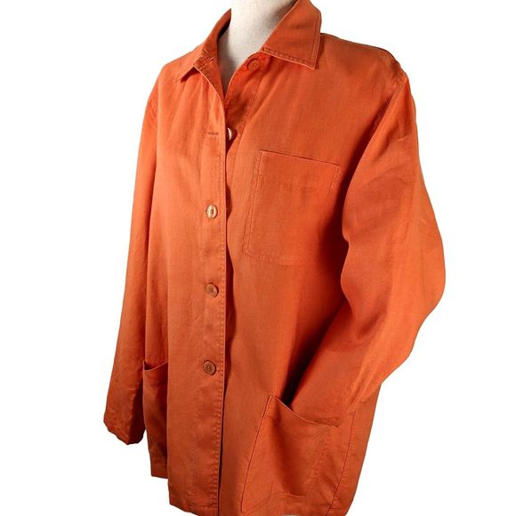 Evan- Picone Size L Orange 100% Linen Button Front Relaxed Fit Jacket Shacket - Picture 3 of 9